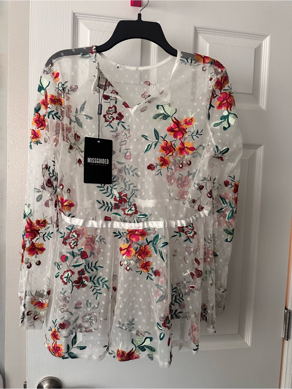 Missguided White Sheer Mesh Tunic with Multicolor Floral Embroidery